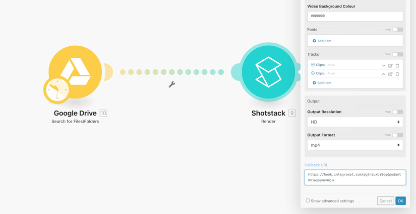 Copy your webhook URL over to the Shotstack Render module