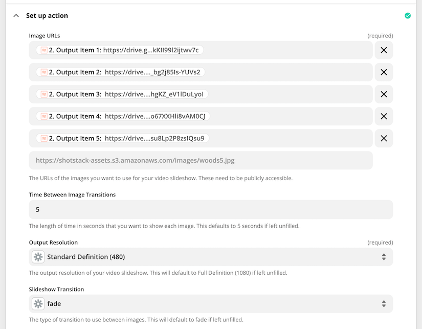 Configure the Video Slideshow module using the images from the Google Forms module